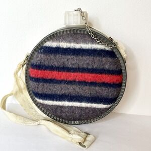 7" Vtg Saddle Blanket Canteen Tin Exterior Rim W/ Plastic Bottle Inside‎ camping